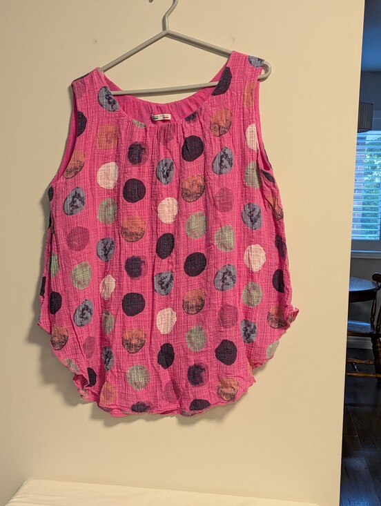 M Made In Italy Tops - Made In Italy Gauzy Tank Top With Large Polka Dots Detail. Scooped Raw Hems.